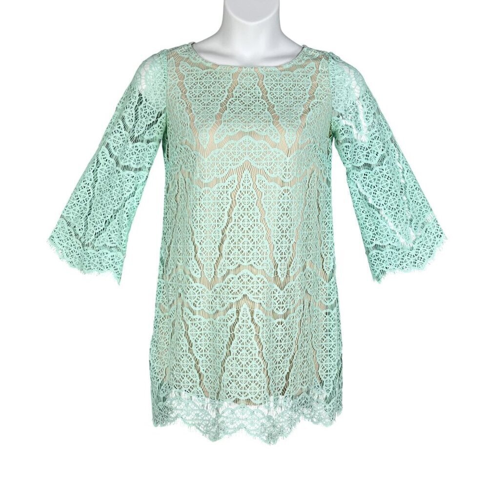 Maia Women 4 Kelly Green Dress Lace Overlay 3/4 Sleeve Nude Lining Scalloped Hem